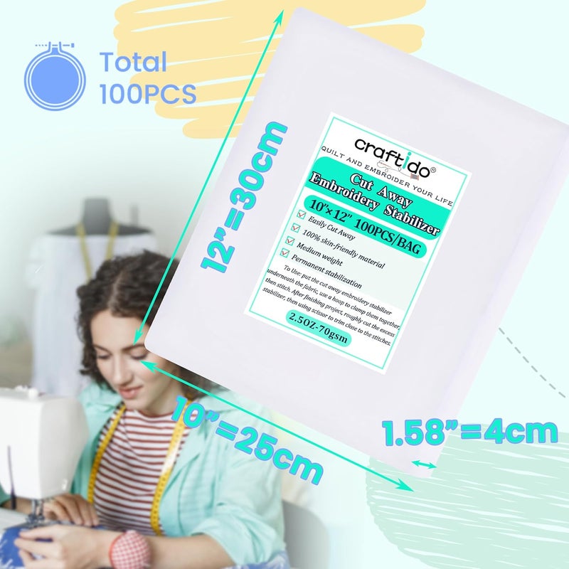 craftido 12"x10" 100 Sheets Cut Away Embroidery Stabilizer Backing for 5x7 Hoops 2.5oz Medium Weight for Machine Embroidery and Hand Sewing - Image 2